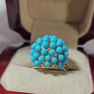 Gold-Plated Cluster Turquoise Bead Ring - Women's Fashion Jewelry